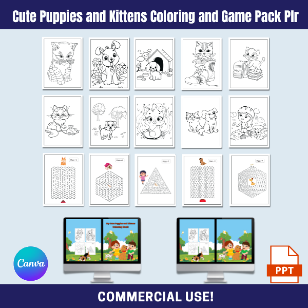 Puppies and Kittens Coloring and Game Pack PLR