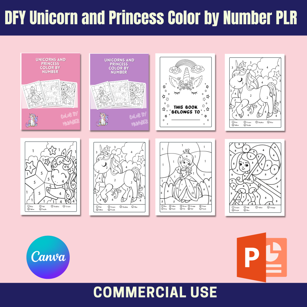 DFY Unicorn and Princess Color By Number PLR