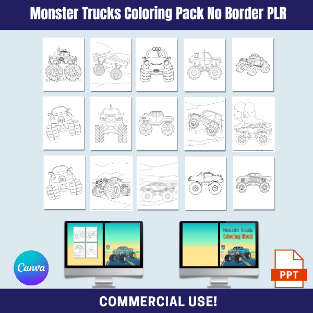 DFY Monster Trucks No Borders Coloring Pack PLR