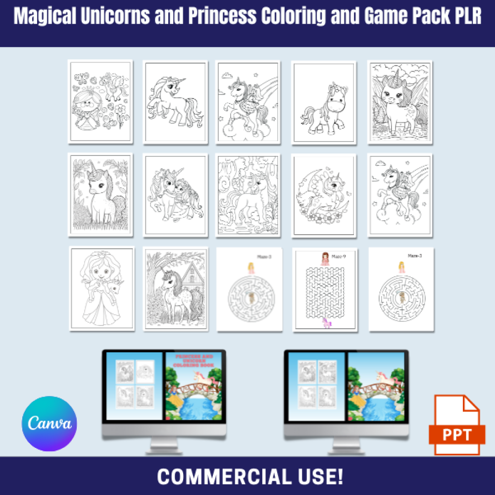 Magical Unicorns and Princess Coloring and Game Pack
