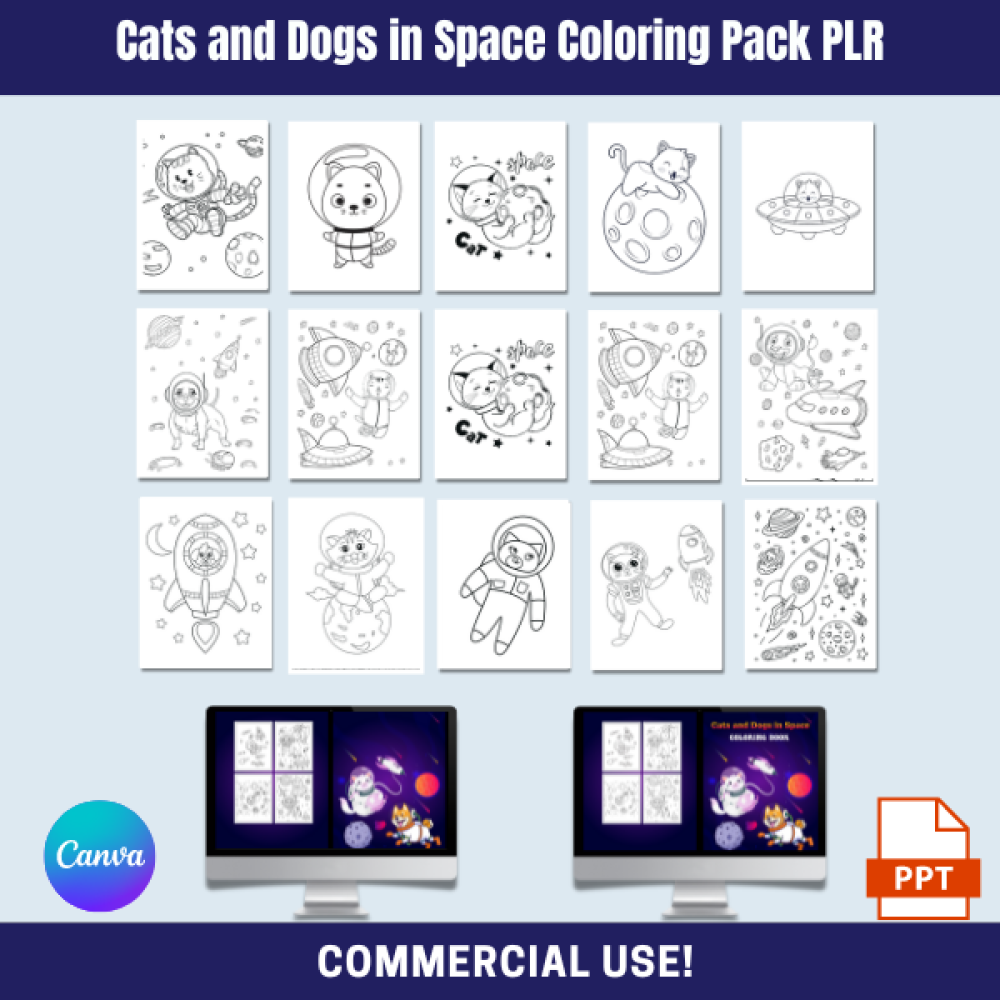 DFY Cats and Dogs in Space Coloring Book PLR