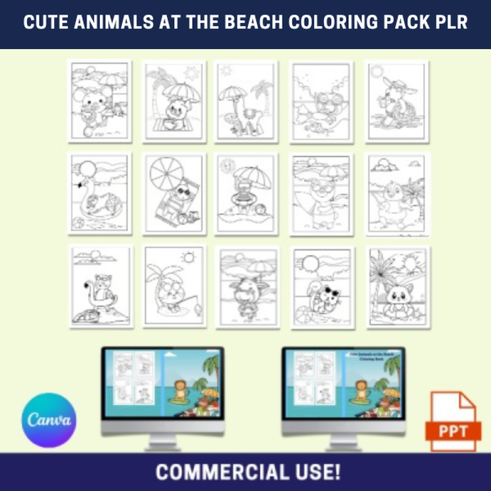 Cute Animals At the Beach Coloring Pack PLR