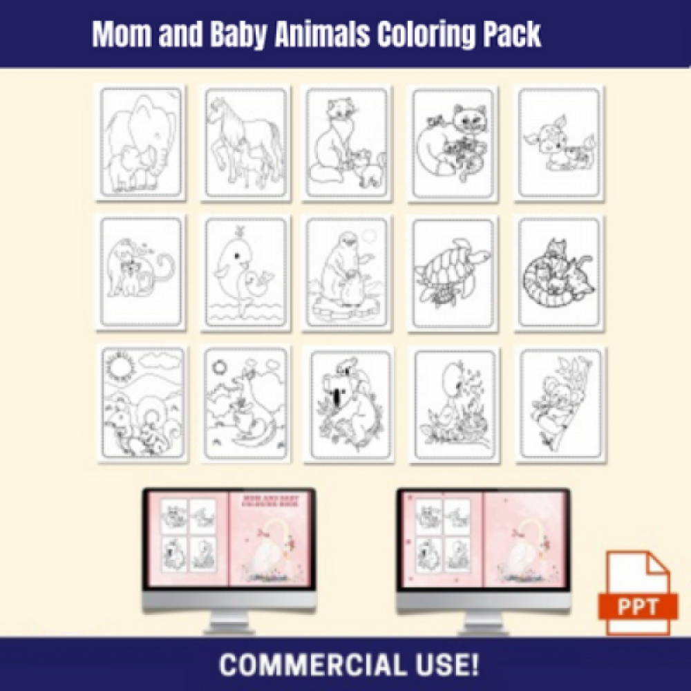 DFY Mom and Baby Animal Coloring Pack No Borders PLR