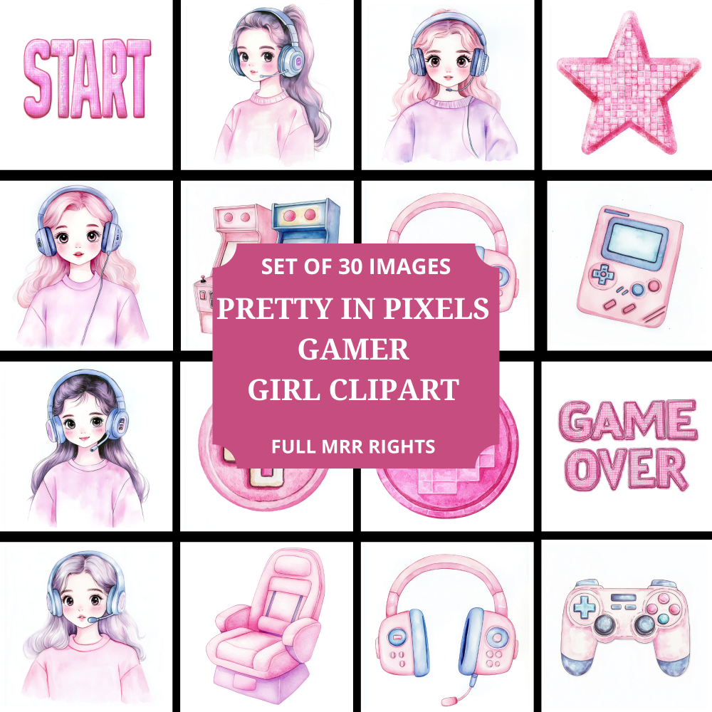 Pretty in Pixels Gamer Girl Clipart Pack in MRR