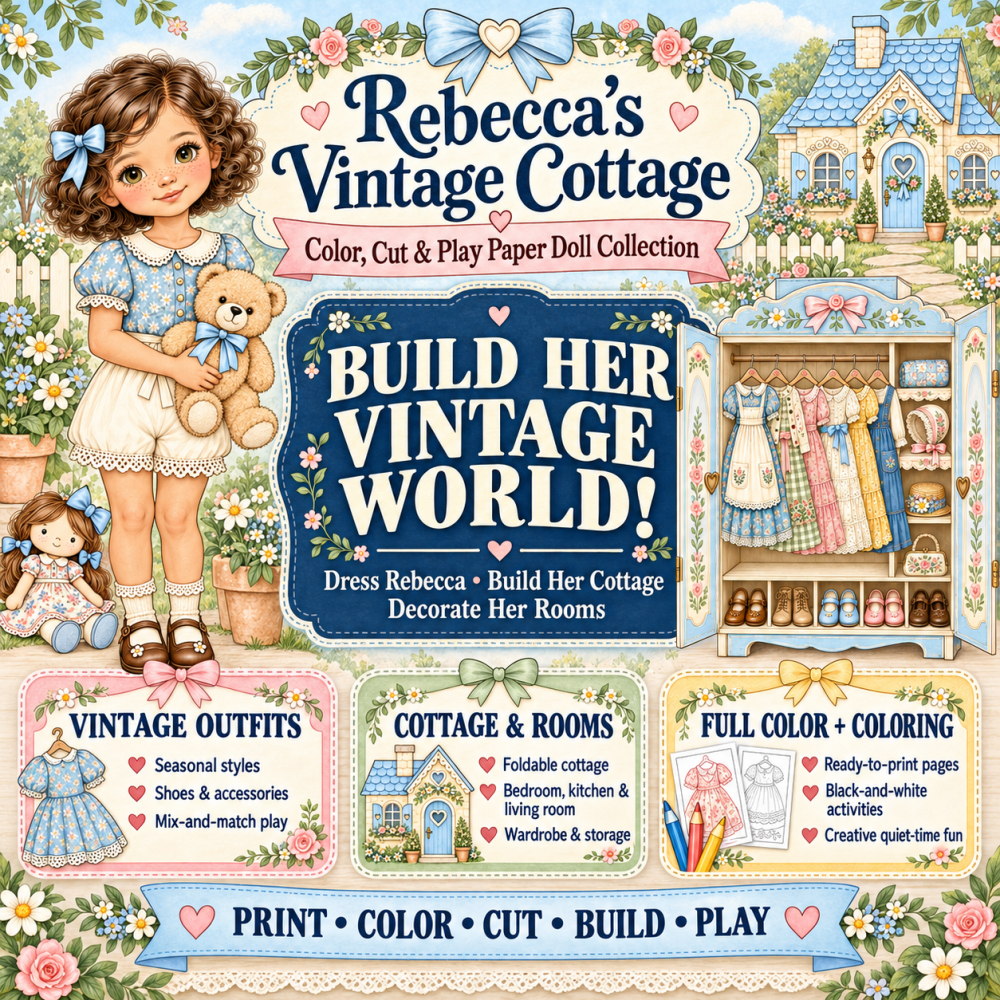 ✂️🎀 Rebecca's Vintage Cottage &mdash; A Color, Cut & Play Paper Doll Collection 🎀✂️