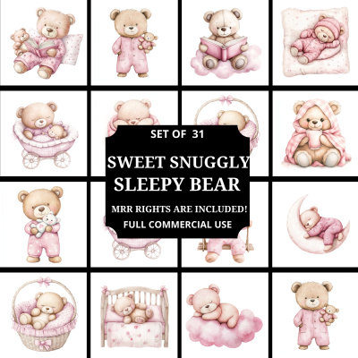 Snuggly Sleepy Bear Clipart Bundle MRR