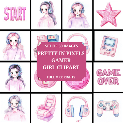 Pretty in Pixels Gamer Girl Clipart Pack in MRR