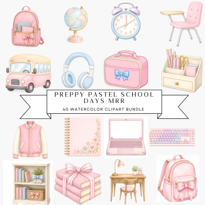 🎀 Preppy Pastel School Days Clipart Bundle MRR