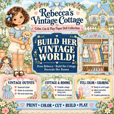 ✂️🎀 Rebecca's Vintage Cottage &mdash; A Color, Cut & Play Paper Doll Collection 🎀✂️